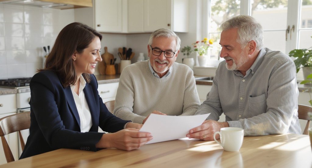 Senior placement advisor meeting with a family at home in San Diego